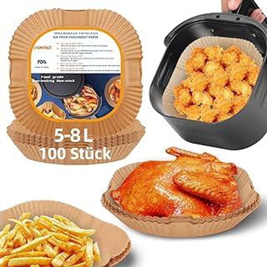 HONYAO Backpapier für Heißluftfritteuse XXL 5-8 L, 100 Stück Quadrat 20x20 cm Air fryer Backpapier Antihaft Einwegschalen Luftfritteuse Pergamen...