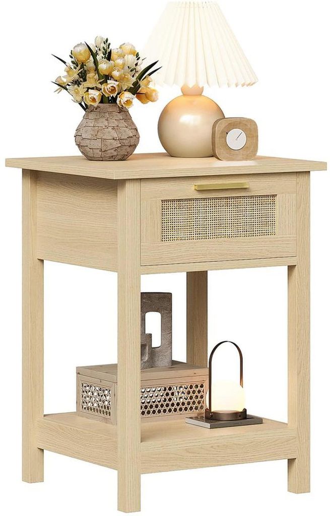Unyqoos Rustikales Holz-Nachtkästchen mit Rattan-Schublade und offener Ablagefläche für Stauraum