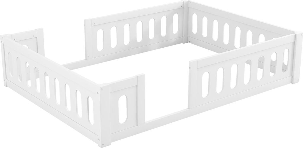 STILVORA Kinderbett 140x200 Holzbett mit halbgeschlossener Zaun,Plattformbett mit Geländer und kleine Öffnung,Weiß(ohne Matratze)