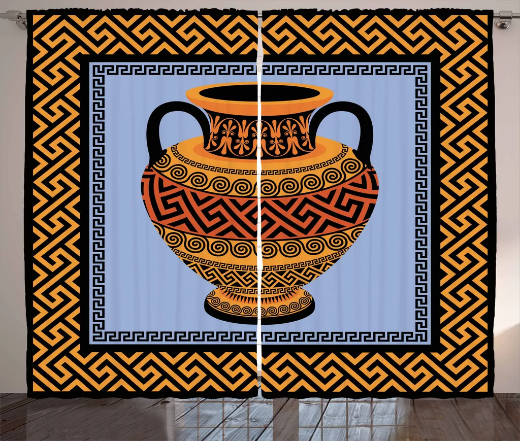 ABAKUHAUS Tenda rustica Greek Key, anfora tradizionale, tenda con passanti e ganci per camera da letto, 280 x 175 cm, arancione lavanda nero