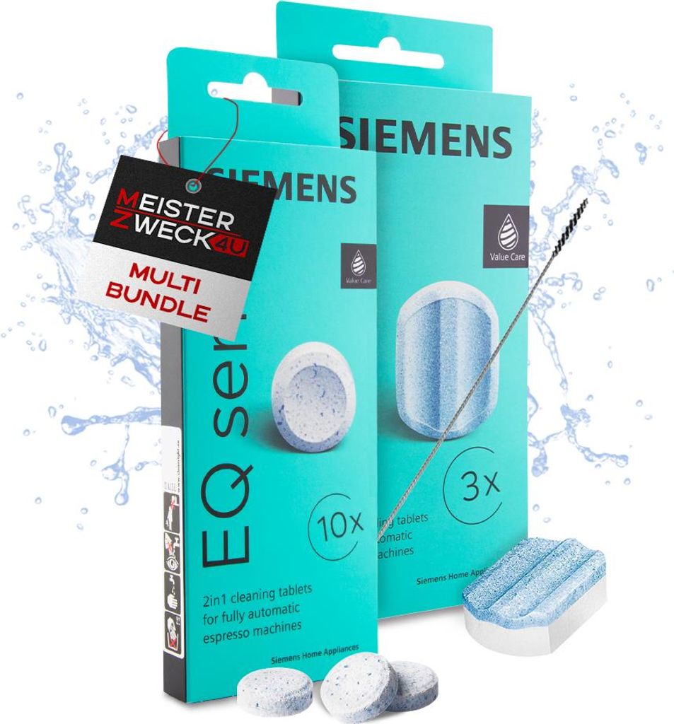 MEISTERZWECK4U - Siemens 10x Reinigungstabletten & 3x Entkalkungstabletten für EQ Series Kaffeevollautomaten inklusive Reinigungsbürste - Reinigu...