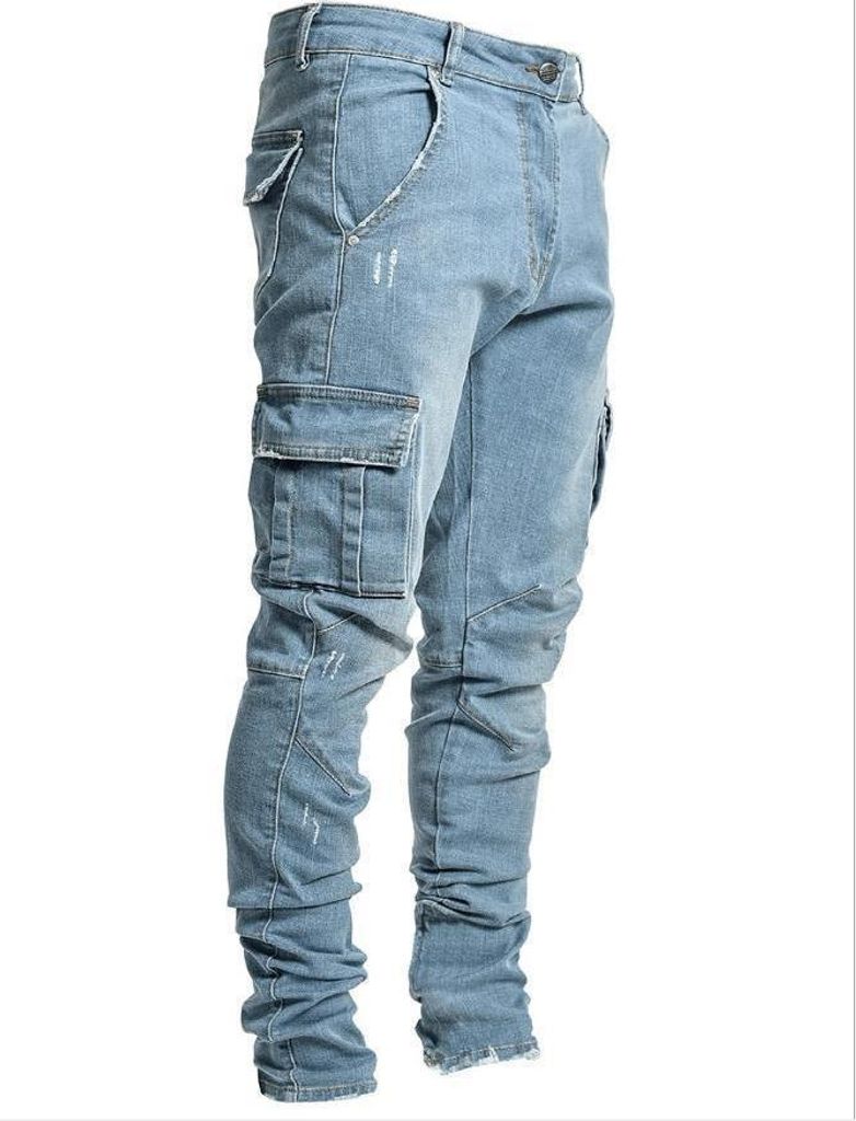 Spot 2022 Europäische und amerikanische grenzüberschreitende neue Jeans Herrenseitentaschen kleine Füße Röhrenjeans Hellblau XXL