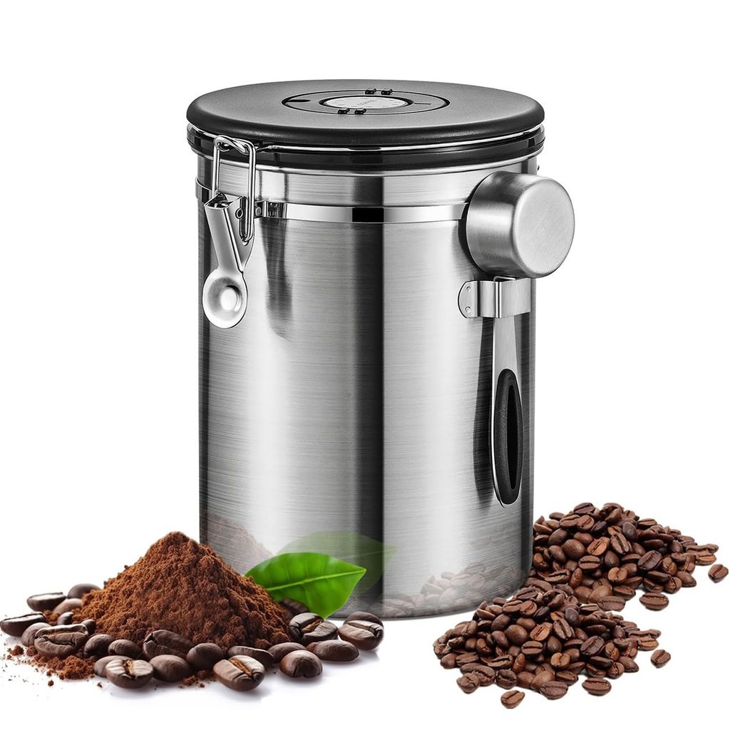 Luftdichte Edelstahl Kaffeebohnen Dose 1,8L mit Vakuum Produktbild 