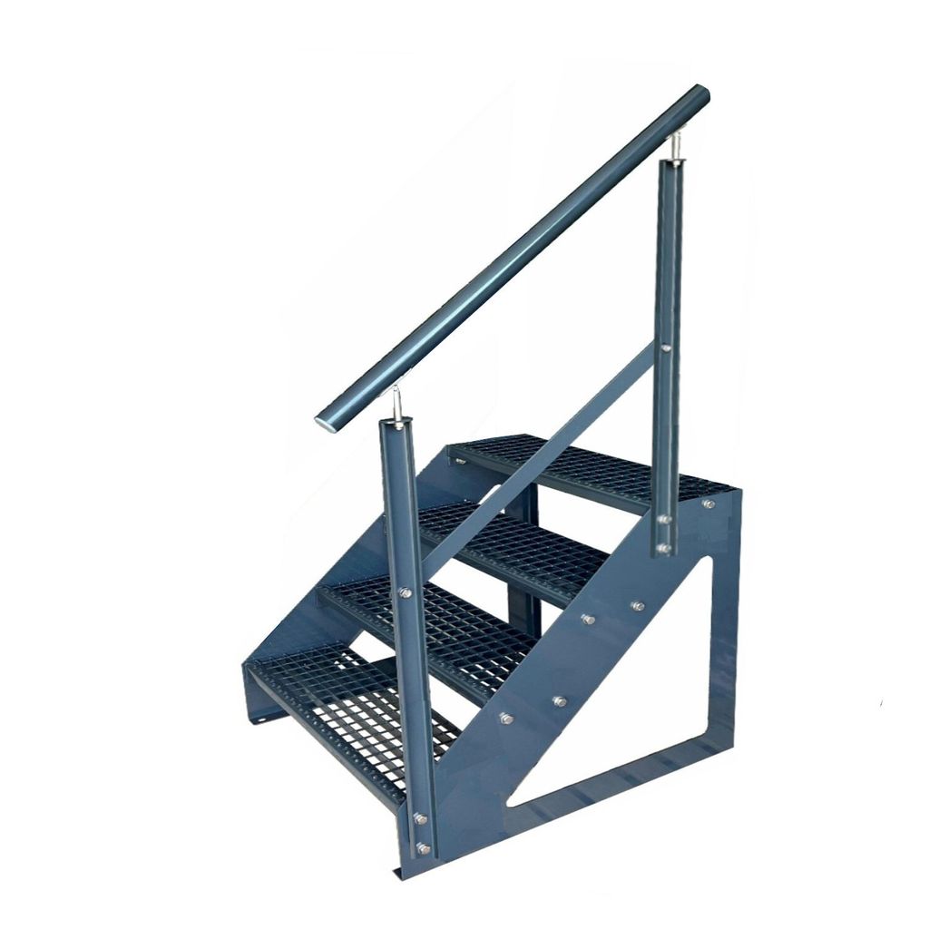 Gitterrost Stahl Freistehende Treppe 4 Stufen Verzinkt & Anthrazit Pulverlackiert + Geländer Rechts - (L x B x H) 82cm x 60cm x 76cm