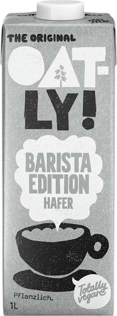 A product shot of an Oatly Barista Edition Haferdrink carton.