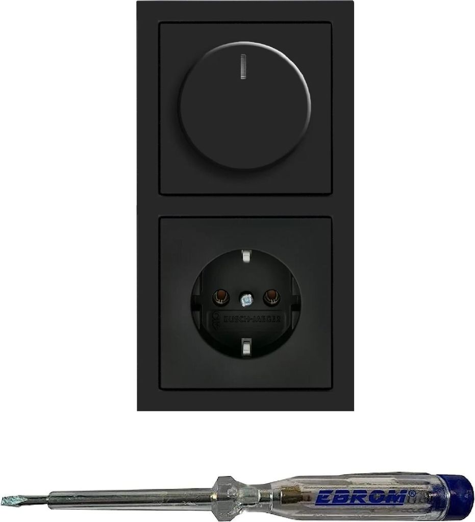 Busch Jäger 6523U-102 LED Drehdimmer Dimmer + Dimmerscheibe 6540-885-102 und Steckdose 20EUC-885 in SCHWARZ MATT inklusive EBROM Phasenprüfer zur...