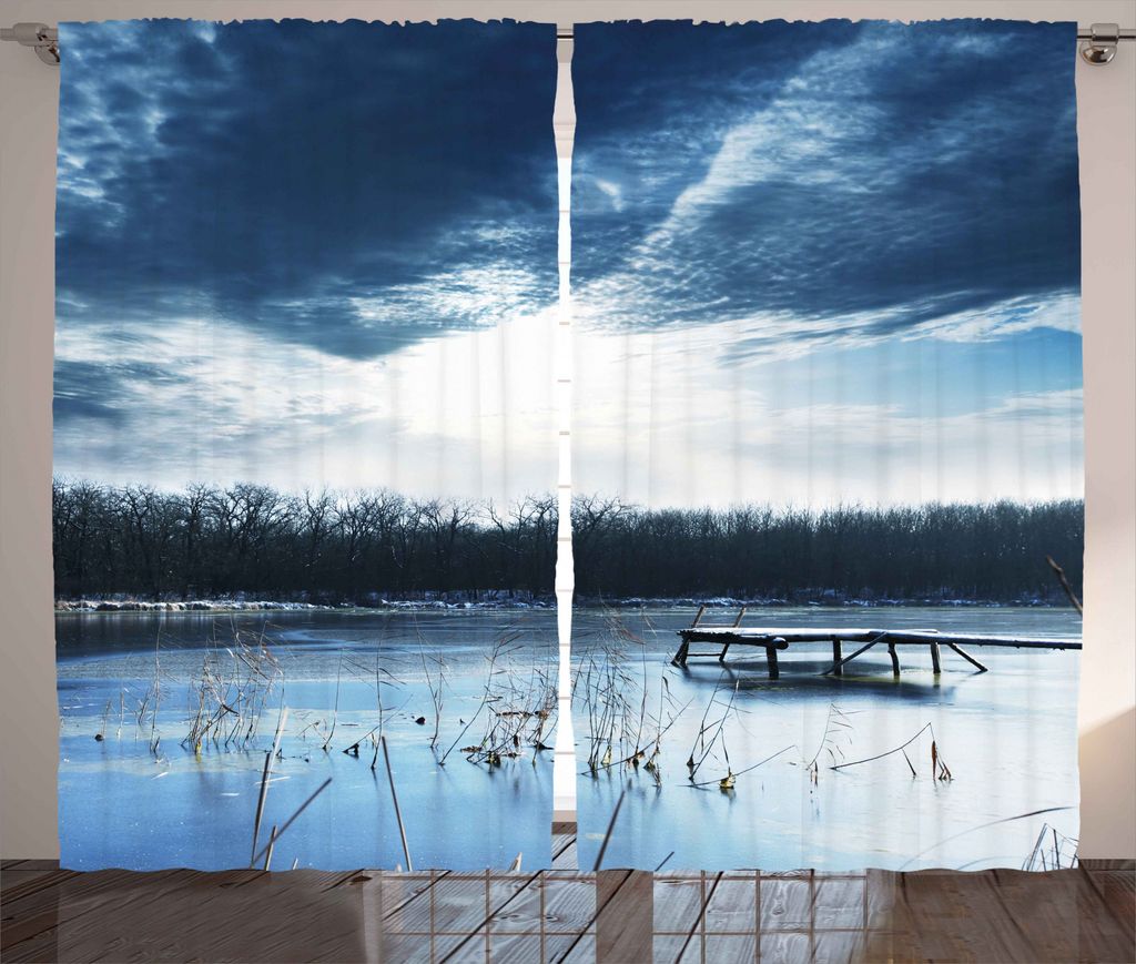 ABAKUHAUS Winter Rustikaler Gardine, Blaue Bergseeszene, Schlafzimmer Kräuselband Vorhang mit Schlaufen und Haken, 280 x 225 cm, Lila grau Blaugra...
