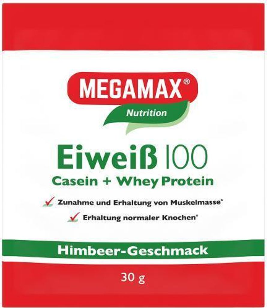 MEGAMAX Nutrition Eiweiß 100 Pulver Himbeer-Geschmack, 30 g Pulver