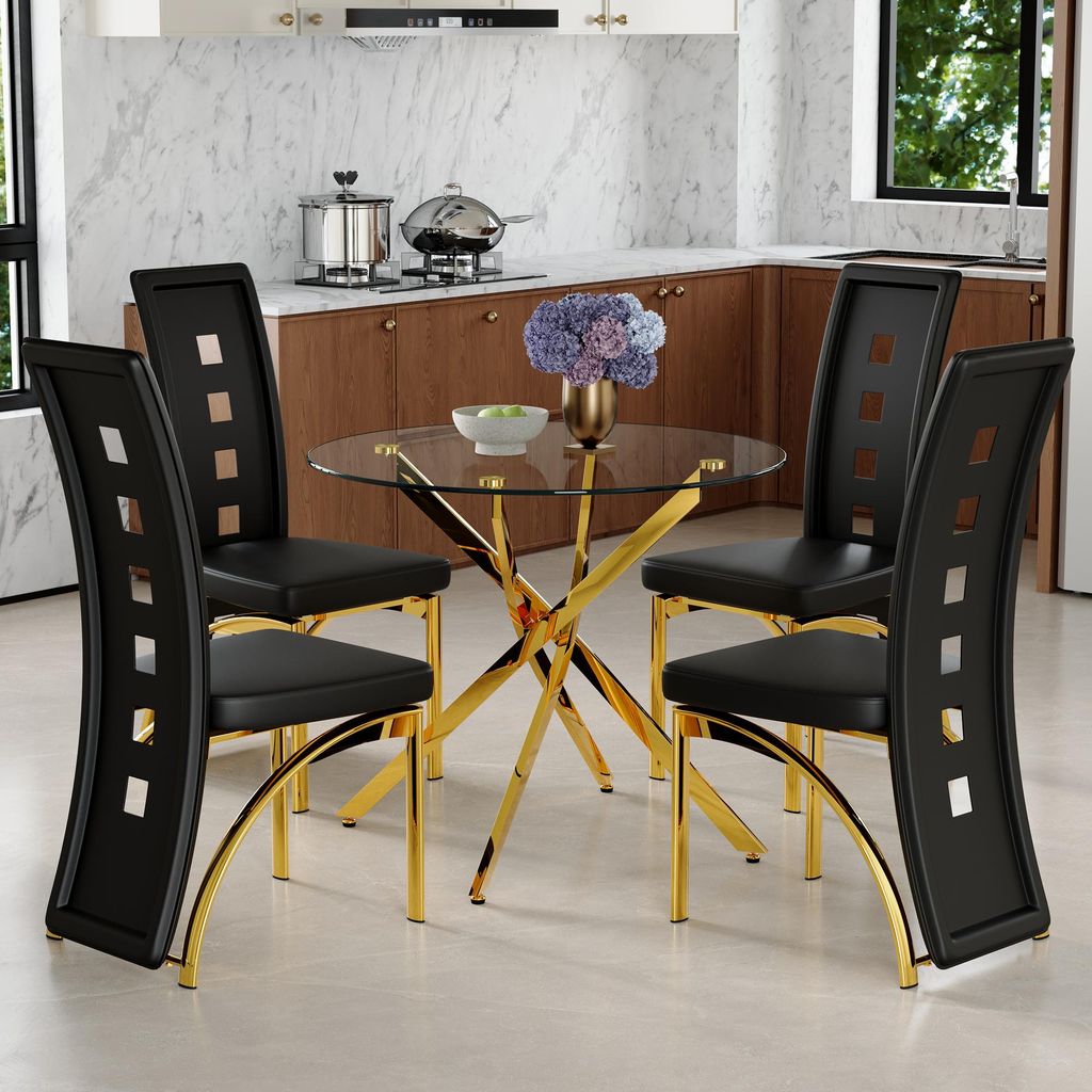 Tisch- und Stuhlset. 88 cm r Esstisch aus gehärtetem Glas + 4 schwarze Esszimmerstühle mit geometrischem Lochmuster aus Kunstleder. Modernes schl...