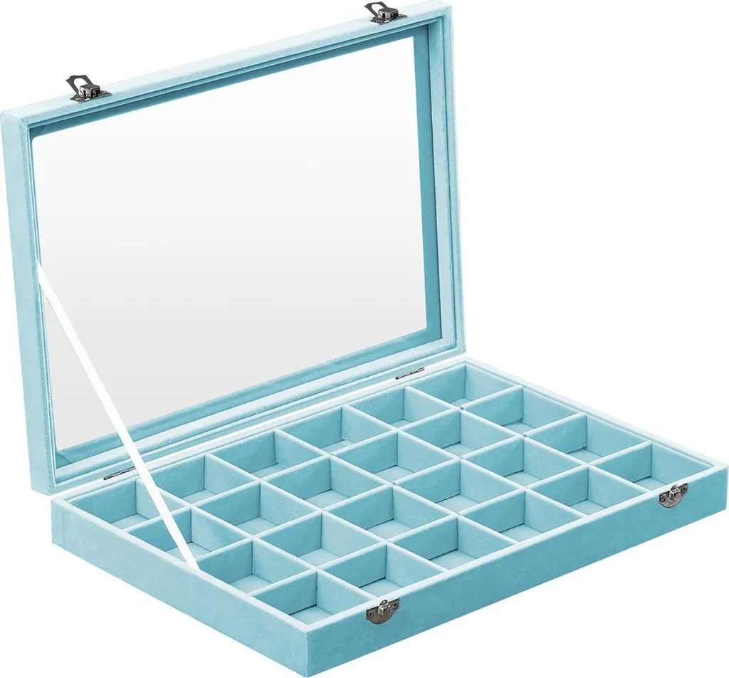 Coffret à bijoux bleu clair avec couvercle en verre et velours doux