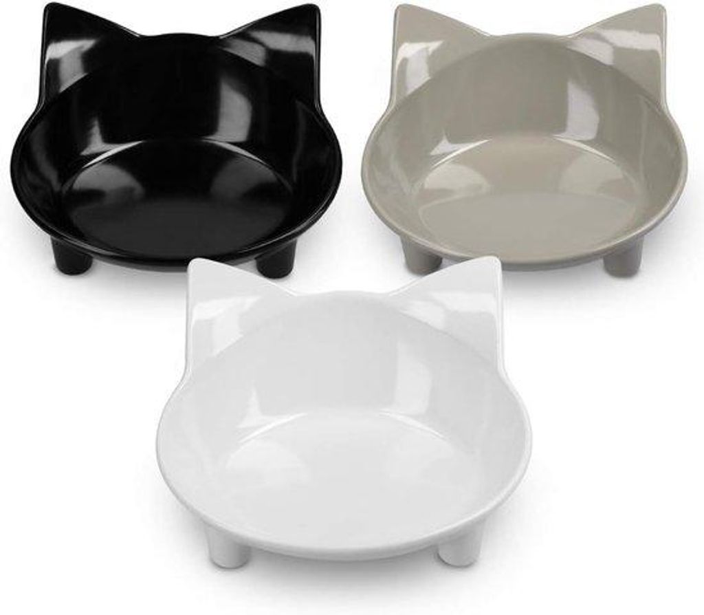 Antislip-Katteinhalter für Haustiere - Set aus 3 Futter- und Wassernachfüllern - Inhalt pro Futterbecher 210 ml - Mit Katzenkopf-Form - In Grau-W...