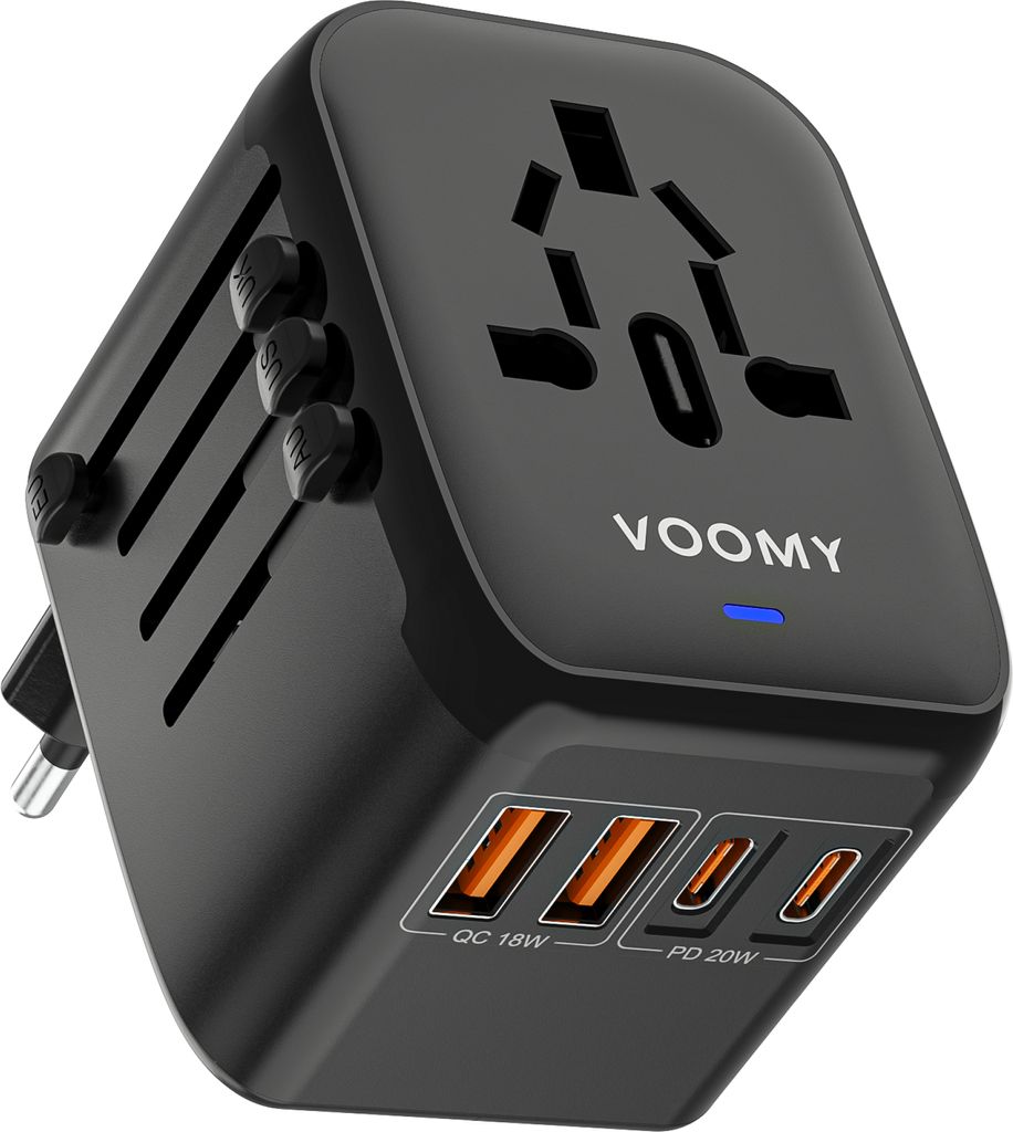 VOOMY Reiseadapter Weltweit 5-in-1 – Für 170+ Länder – Universal Reiseadapter mit 4 USB-Ports – 2x USB-C 20W und 2x USB-A – Kompakter Wel...