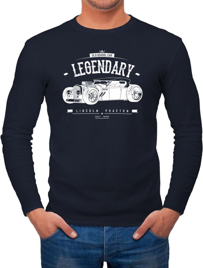 Herren Longsleeve Hot Rod Retro Auto Car Oldschool Rockabilly Langarmshirt Moonworks navy S