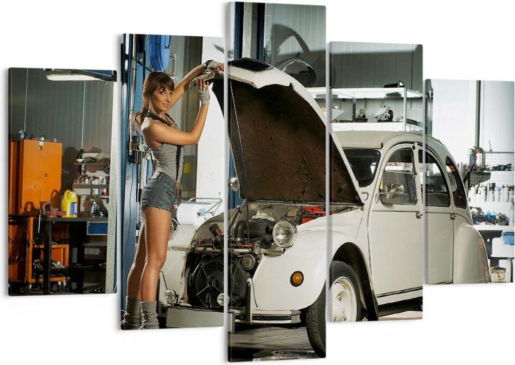 Bild auf Leinwand - Leinwandbild - Mädchen jung Auto Mechaniker - 150x100cm - Wand Bild - Wanddeko - Leinwanddruck - Bilder - Kunstdruck - Wanddek...