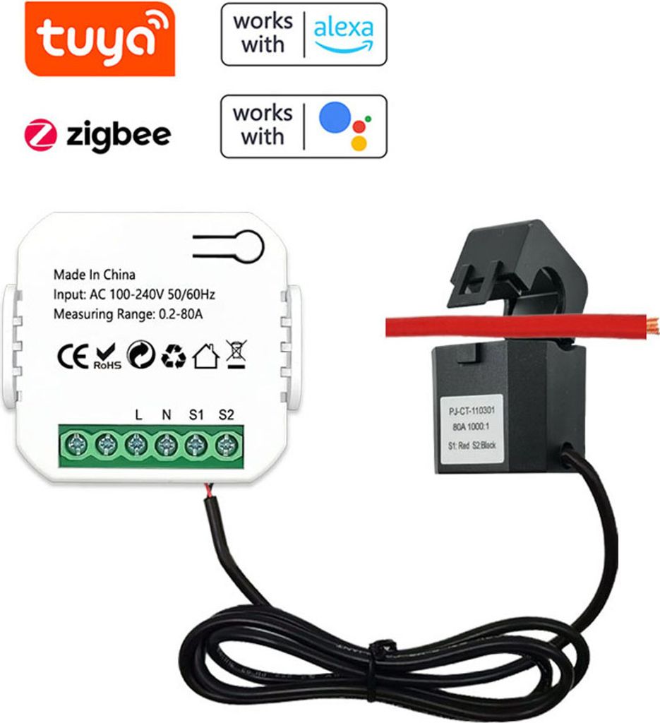 Tuya ZigBee Energy Meter 80A Stromwandler Klemme KWh Power Monitor Strom Statistik Monitoring Gerät kompatibel Alexa Home für Sprachsteuerung