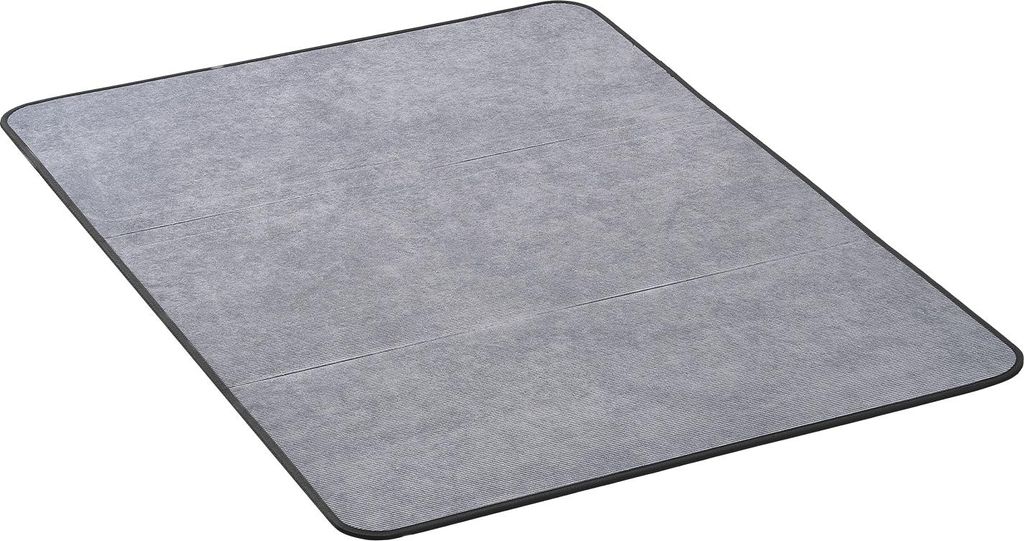A gray floor mat for an office chair.