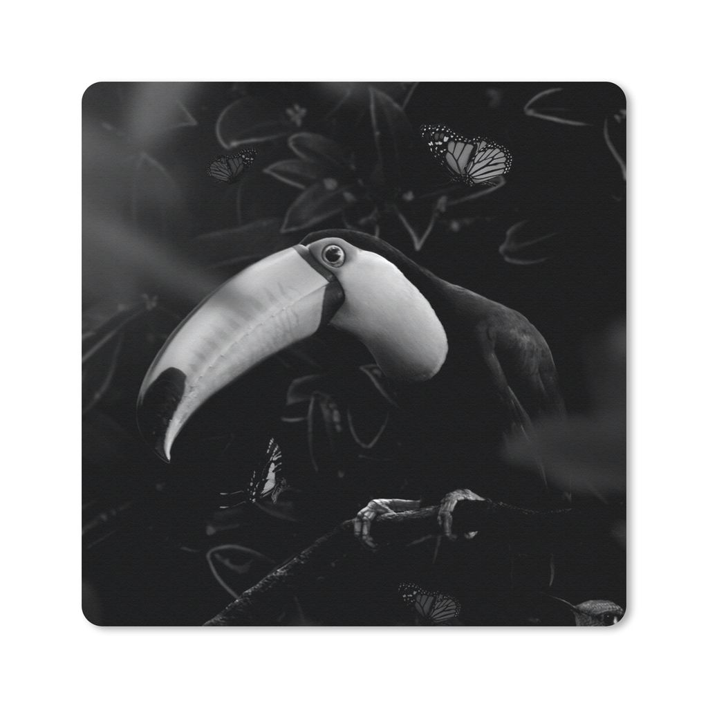 MuchoWow Mauspad Mousepad Nahaufnahme eines Tukans, umgeben von Schmetterlingen - schwarz-weiß 20x20 cm - Mousepads - Maus Mat - Pad - Mausunter...