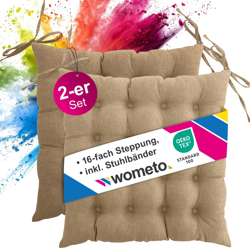 2er Set Sitzkissen Stuhlkissen 40x40 OEKO-TEX - beige Sitzauflage Bank Polster Sitzpolster mit Bändern / Schleife, Indoor / Outdoor