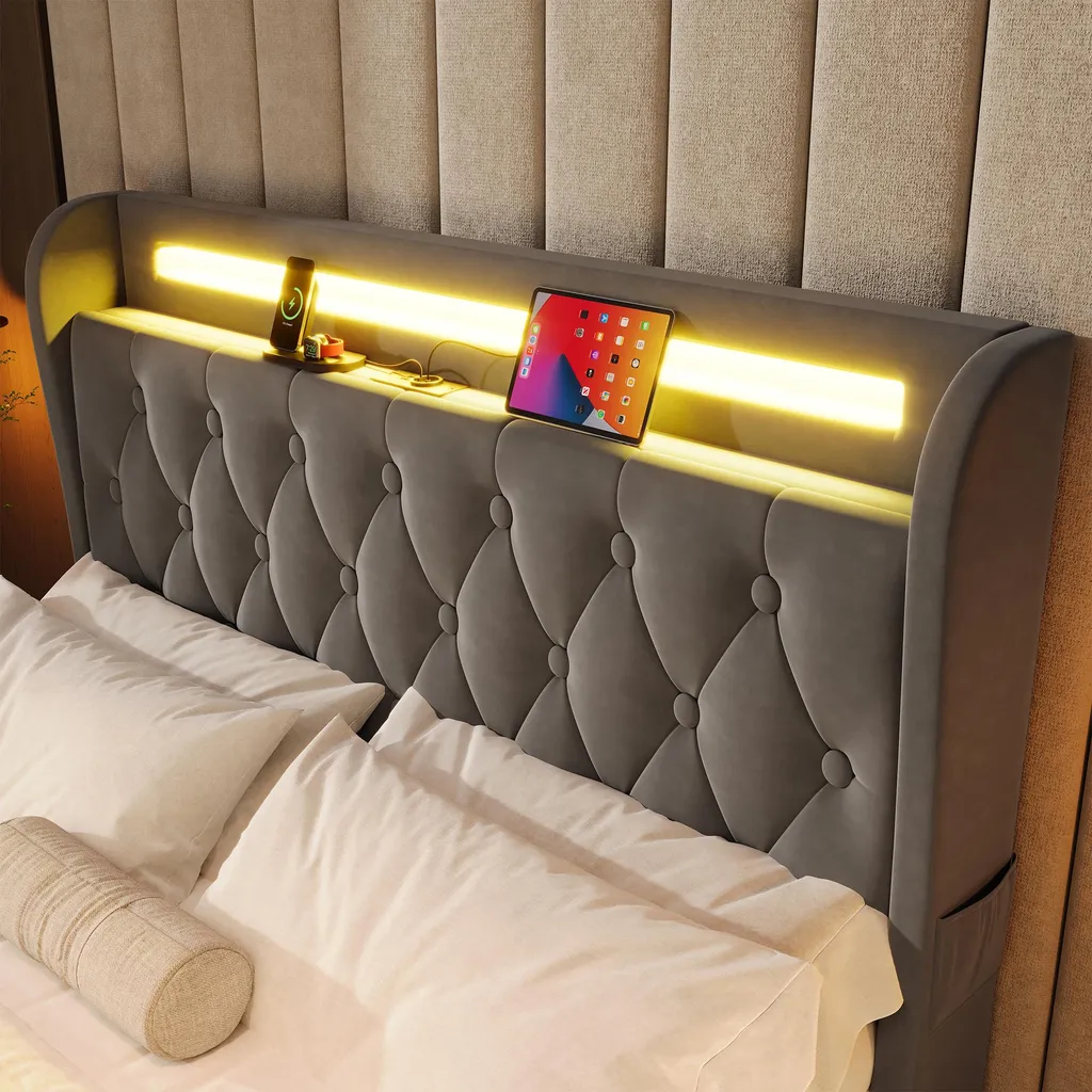 Lit avec éclairage LED connecté et prises USB pour smartphone - 7