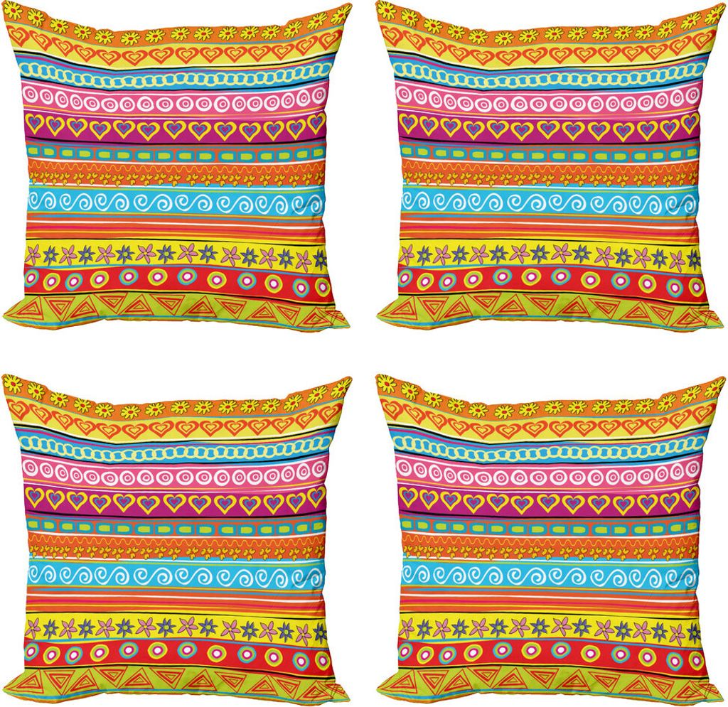 ABAKUHAUS Bunt Kissenbezug Set (4 Stück), Streifen mit Herzen, Moderner Doppelseitiger Digitaldruck, 45 cm x 45 cm, Mehrfarbig