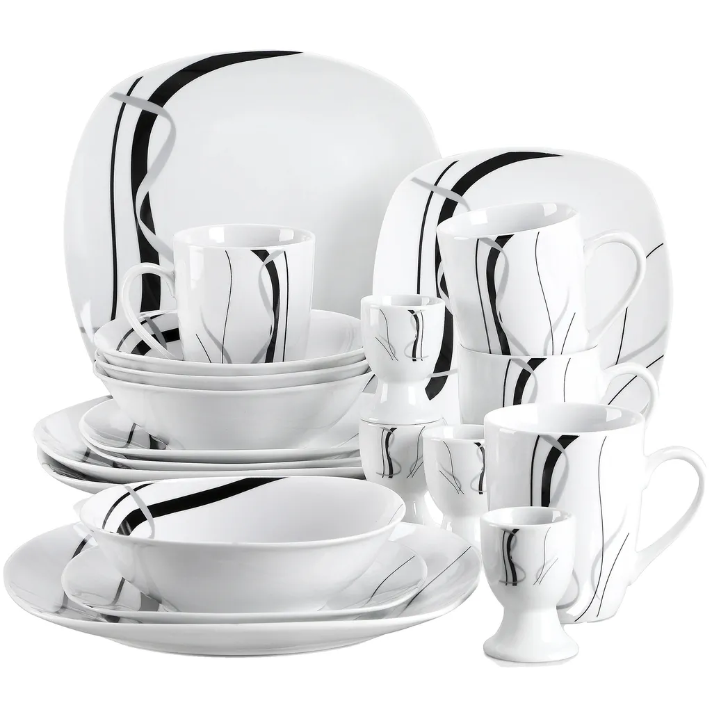 Set Tavola Moderno Porcellana 20 Pezzi - Design Striato Nero Elegante