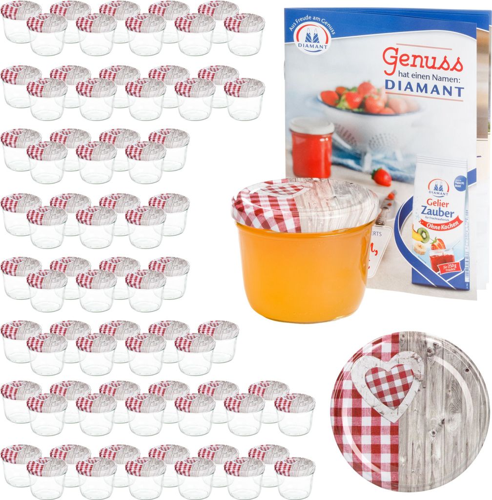 A collection of small glass jars with red and white checkered lids, a jar filled with orange jelly, a recipe booklet, and a decorative plate with a wooden and checkered heart design.