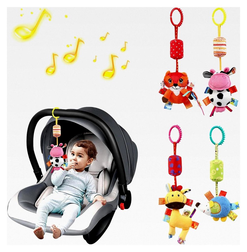Baby Kinderwagen Spielzeug, 4 Stück Plüschtier mit Glöckchen, Spielzeug für Kinderbett, Cartoon Tiere zum Hängen, Rassel für Kleinkinder, Ler...