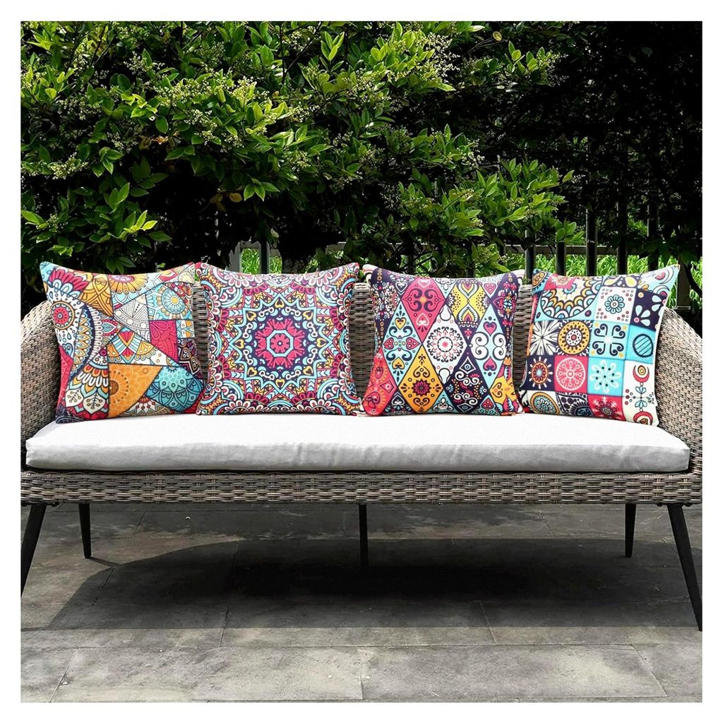 4 Stück wasserdichte Kissenbezüge für den Außenbereich, dekorative quadratische Zierkissenbezüge im Sommer-Mandala-Boho-Design für Zuhause, T...