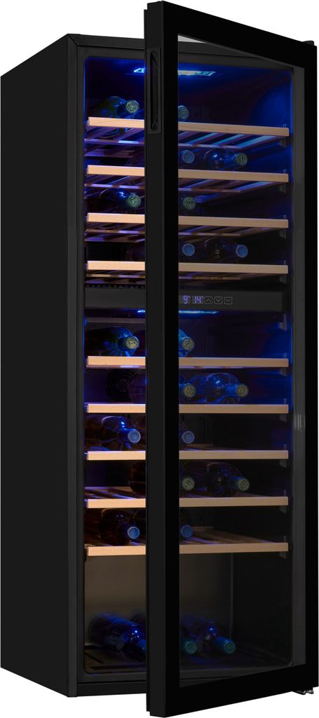 A black wine refrigerator with the door open, revealing shelves stocked with wine bottles and illuminated by blue interior lighting.