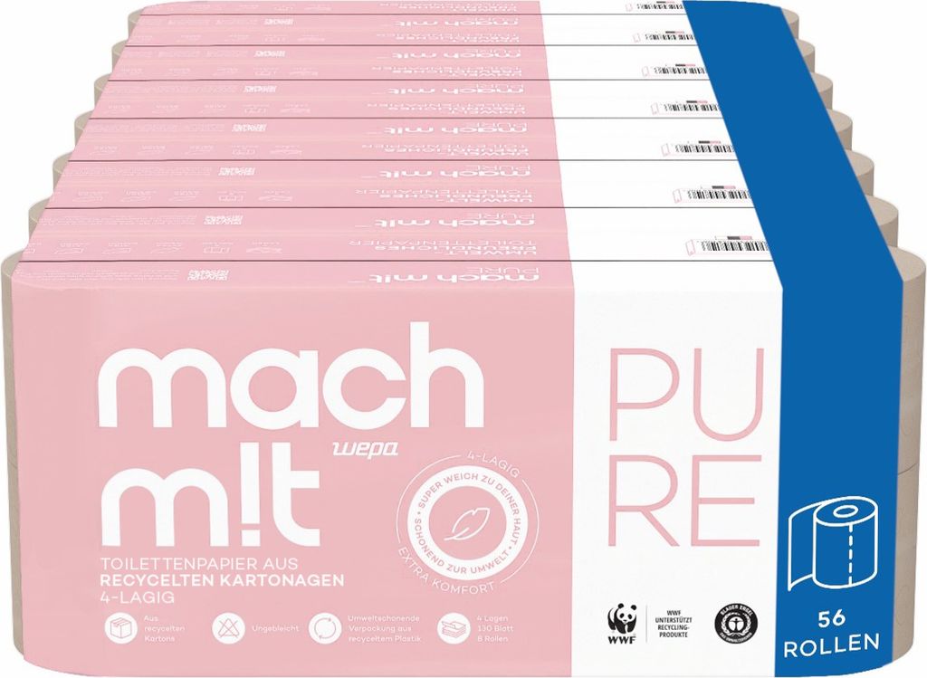 mach m!t PURE Toilettenpapier 4-lagig - Vorrats-Spar-Packung mit 56 Rollen - extra weich - ohne Bleichmittel - aus recyceltem Karton