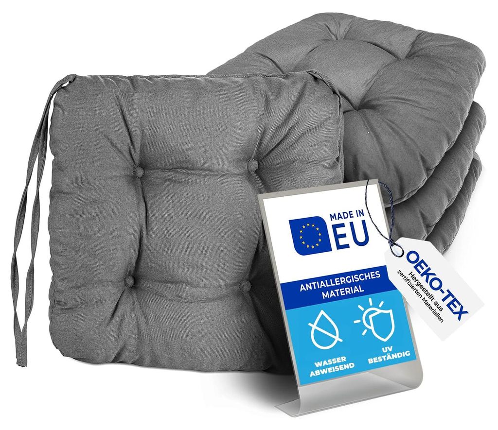 Pillows24 – 8x Sitzkissen Outdoor 40x40 – Extra dicke 8cm – wasser- & UV-beständig + Bändern | Bequeme Stuhlkissen für Gartenstuhl (dunkel...