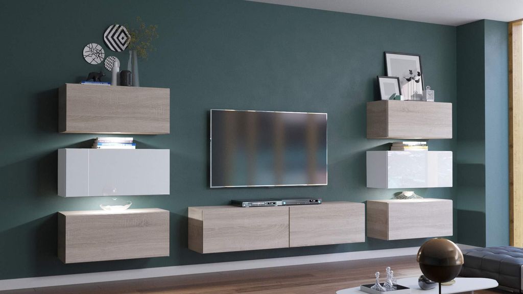 Furnitech Wohnwand Wohnzimmer - Wohnzimmer Möbel mit LED RGB - 16 Farben - Wohnwand Modern - Regale und TV Schrank (Henri AN72-19SW-HGM-11-1B - 31...