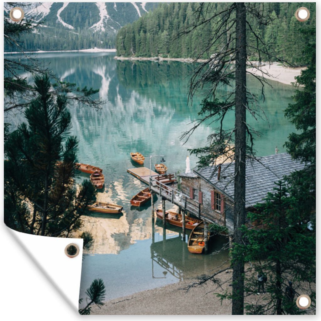 MuchoWow 100x100 cm Outdoor-Poster Gartendeko Sichtschutz Garten Poster für den Garten Luftaufnahme des Pragser Wildsees in Italien