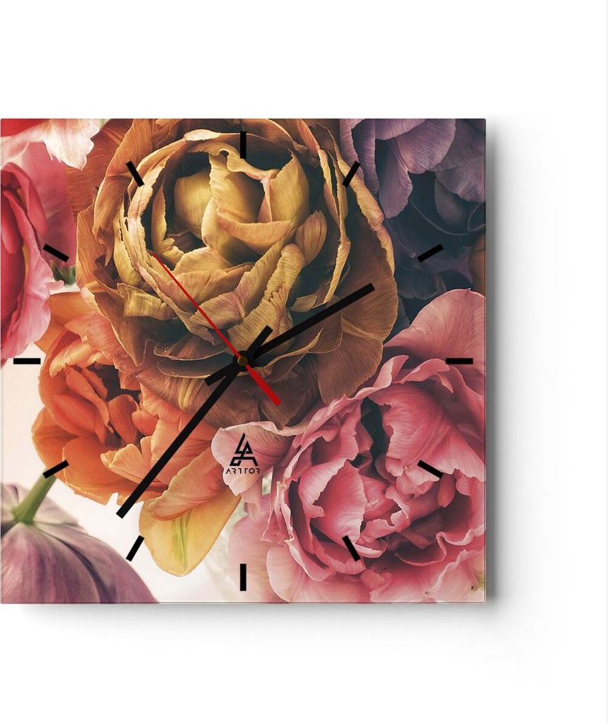 Wanduhr - Quadrat - Glasuhr - Blumenstrauß Blumen Braut - 30x30cm - Schleichendes Uhrwerk - Lautlos - zum Aufhängen bereit - Dekoration Modern - ...