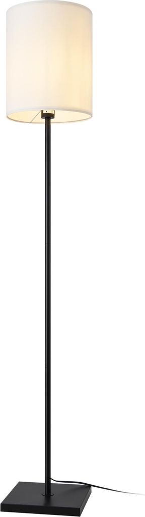 A black floor lamp with a white fabric shade, shown against a white background.