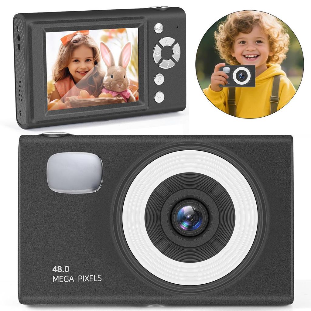 4K Kinder Kamera, HD 1080p, Retro Fotokamera mit 128GB Karte, Stabilisierung, Beauty Filter, 16x Zoom, Schwarz