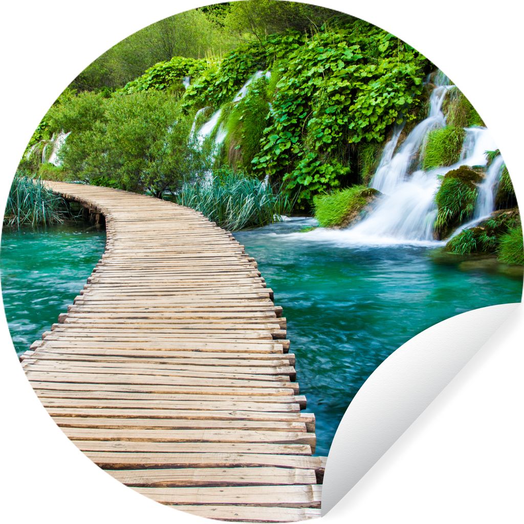 MuchoWow Runde Wandtattoo - Wandsticker Tapete Aufkleber Brücke - Wasser - Pflanzen - Wasserfall - Grün Ø 30 cm Selbstklebend und Repositionie...