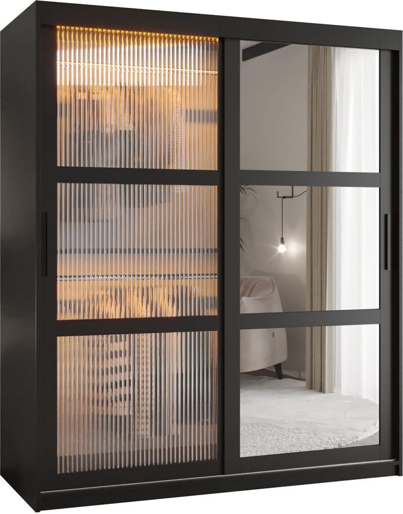 MEBLE KRYSPOL FLUTES 2 2-türiger Schrank Spiegel, 200x150x62cm - Schwarz, Schwarz, Schwarz