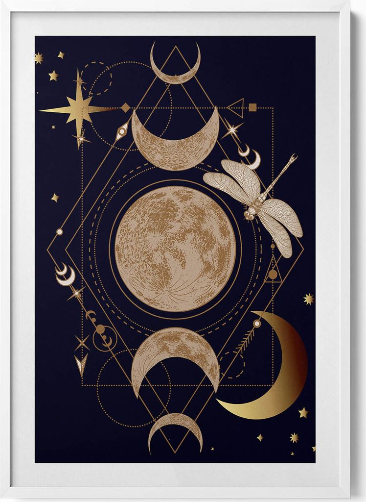 Magische Komposition aus Kosmos und Libelle– Wandbild mit Rahmen – Gerahmtes Bild – Wanddekoration – 70x100 cm – Weiß Rahmen