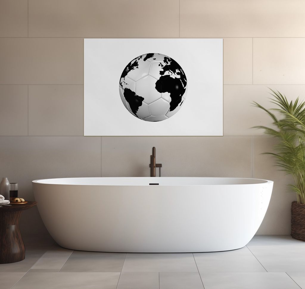 Wallario wasserfestes Poster selbstklebend 70 x 100 cm, Planet Fußball, Badezimmerposter Spritzschutz mit Hochglanzoberfläche in Glasoptik