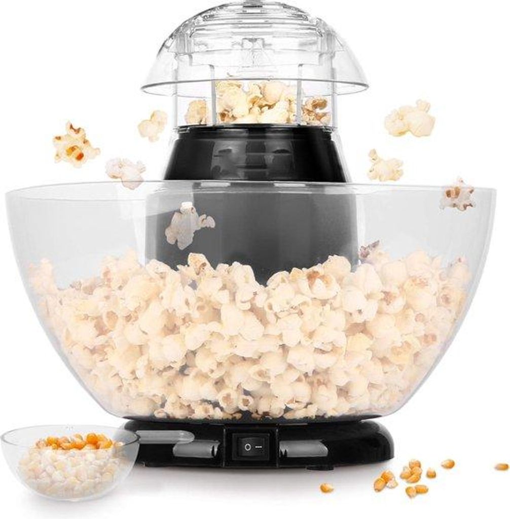 Elektrische Popcornmaschine 1200 Watt Hetelucht Olievrij Gezond Low-Calorie - inklusive Maßbecher und Servierschale - Schwarz