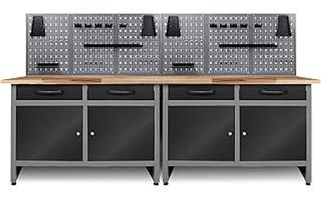 Ondis24 Werkstatt Set Werner 240 cm mit 2 Werkbänken, 6 Lochwänden & 22-teiligem Haken-Set – Massive Werkbank aus Stahl mit Buchenholzplatte, S...