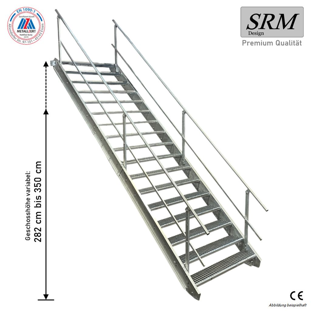 A metal staircase with handrails against a white background.