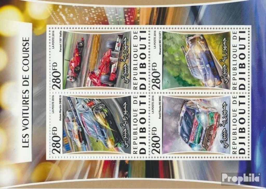Briefmarken Dschibuti 2016 Mi 1074-1077 Kleinbogen (kompl. Ausg.) postfrisch Rennautos