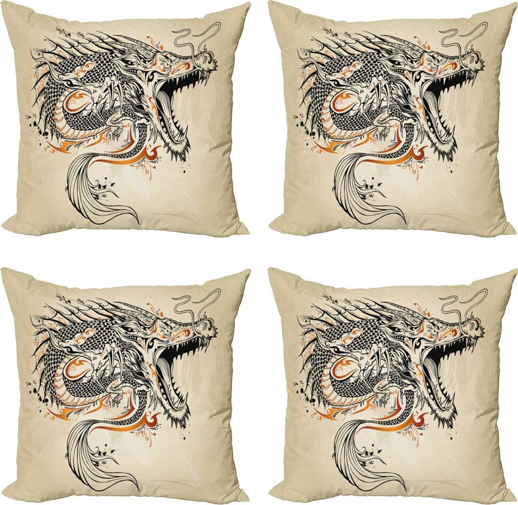 ABAKUHAUS japanische Drachen Kissenbezug Set (4 Stück), Doodle Kreatur, Moderner Doppelseitiger Digitaldruck, 40 cm x 40 cm, Beige Ginger Schwarz