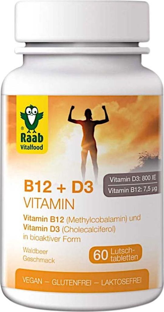 Raab Vitalfood Vitamin B12 + D3 | 60 Lutschtabletten | mit Waldbeerengeschmack | mit Xylit gesüßt | vegan