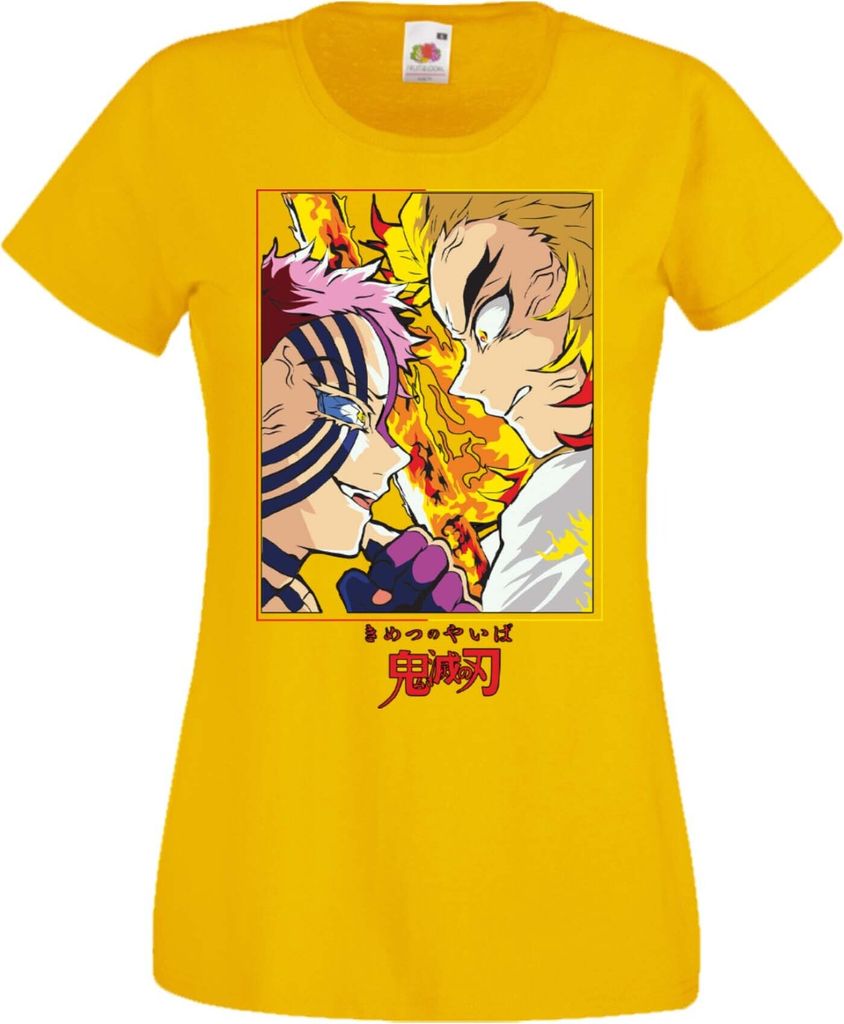Damen T-Shirt Manga Anime Demon Anime Slayer Rengoku Vs Akaza Fight Slayer Demon, Lady 2XL / Gelb