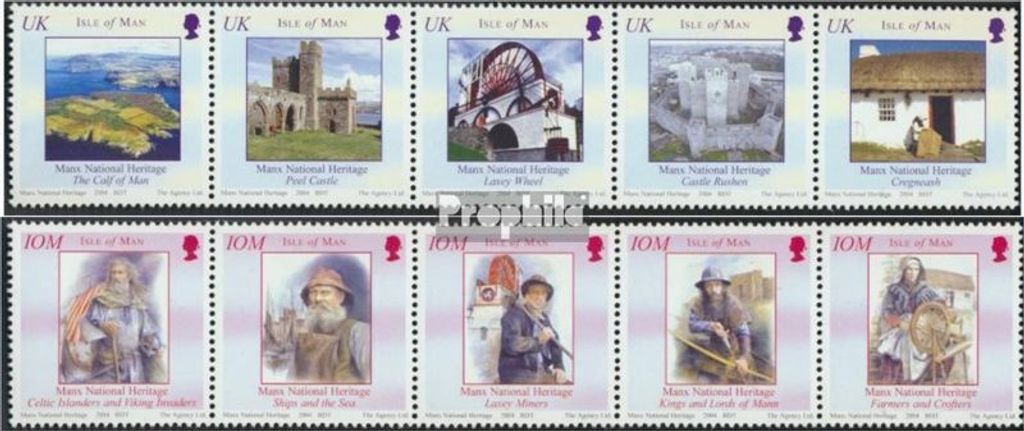 Briefmarken GB - Isle of Man 2004 Mi 1143-1152 Fünferstreifen (kompl.Ausg.) postfrisch Geschichte von Man