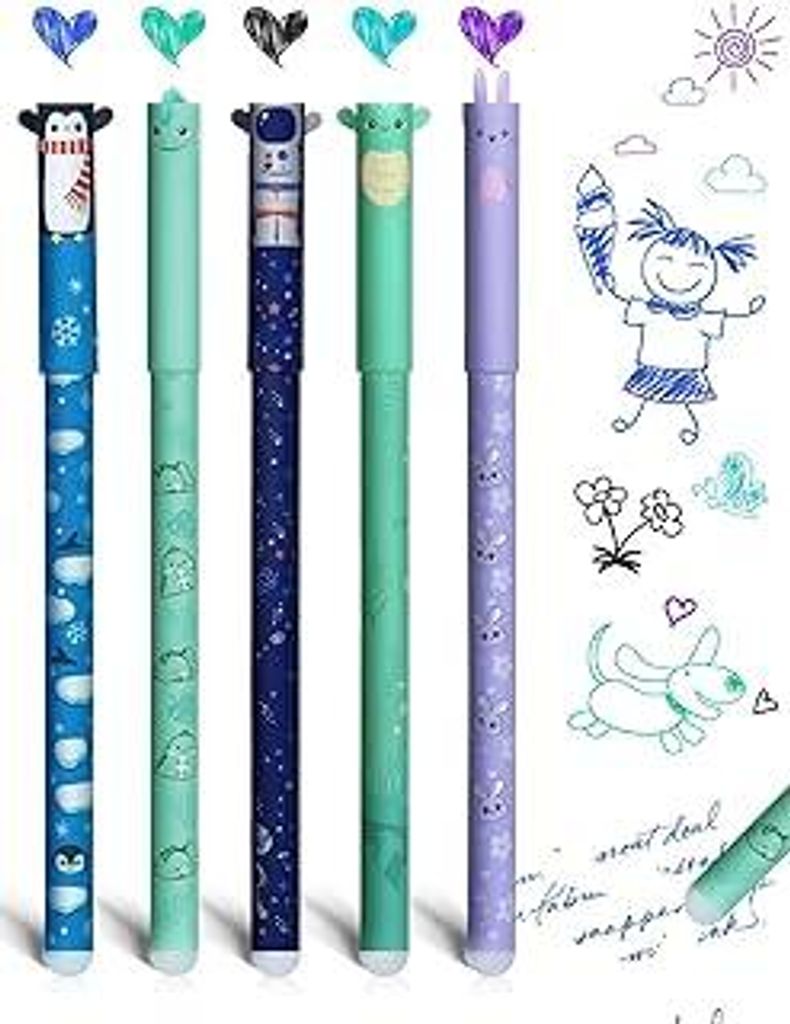 5er Set radierbare Gelstifte mit thermoempfindlicher Radiertinte, Radierbar Tintenroller 0,7mm, Verschiedene Tintenfarben und Tiermotiven & Astrona...
