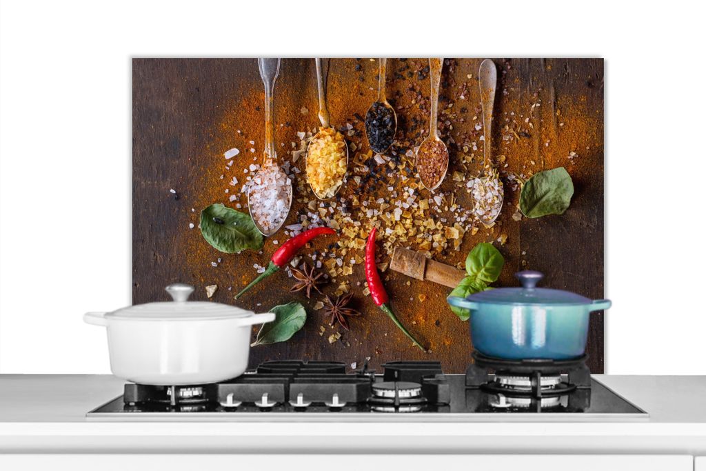 KitchenYeah Spritzschutz Küche - Küchenrückwand - Wandschutz für Herd und Spüle - Löffel - Kräuter - Chili - Gewürze - Salz 80x55 - Alu-...
